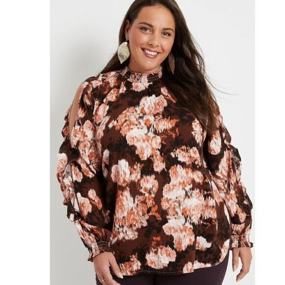 NWT Maurices Brown Floral Cut Out Sleeve Blouse XXL Fall Autumn Leaves 2XL - Picture 1 of 12